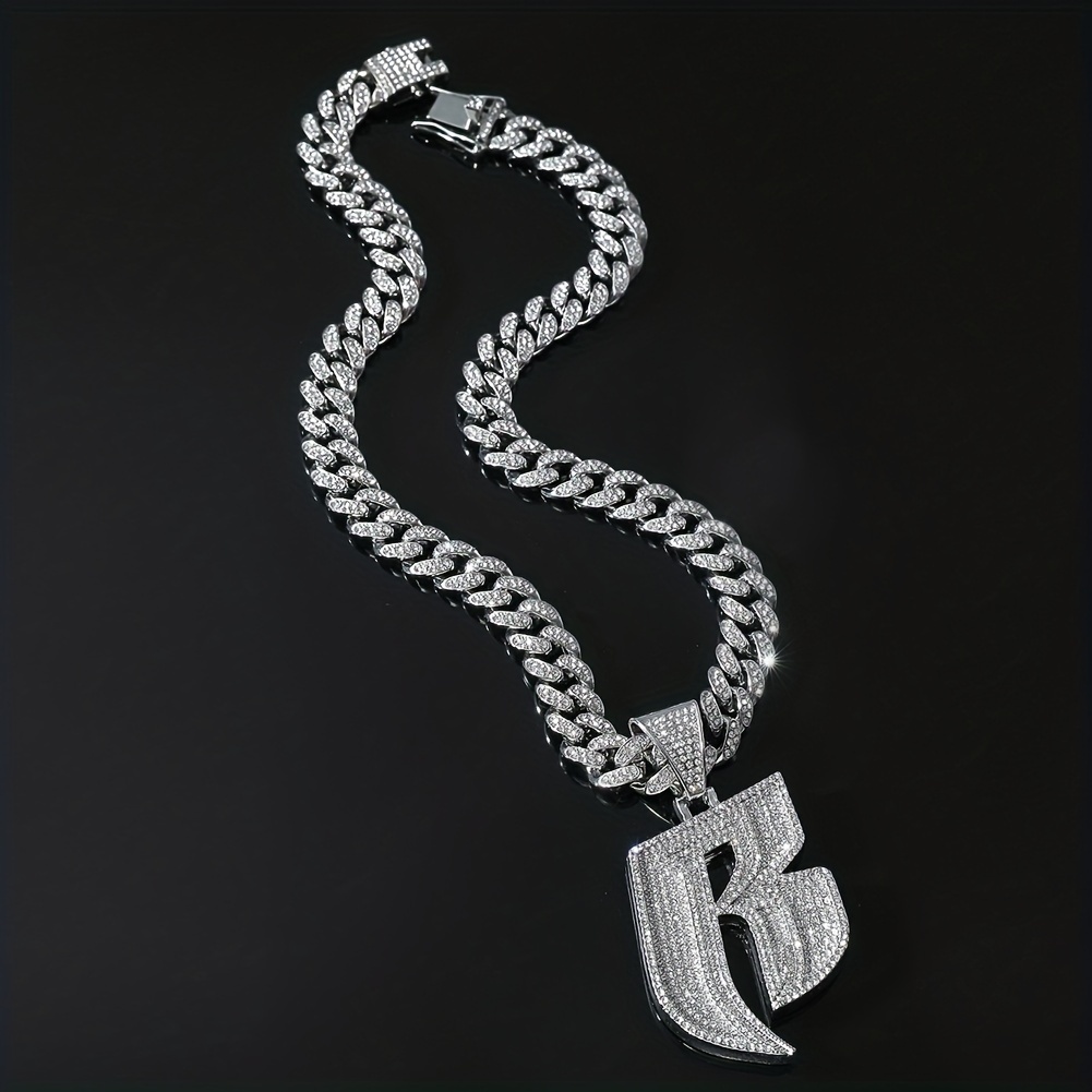 B Initial Rhinestone Cuban Link Chain Necklace
