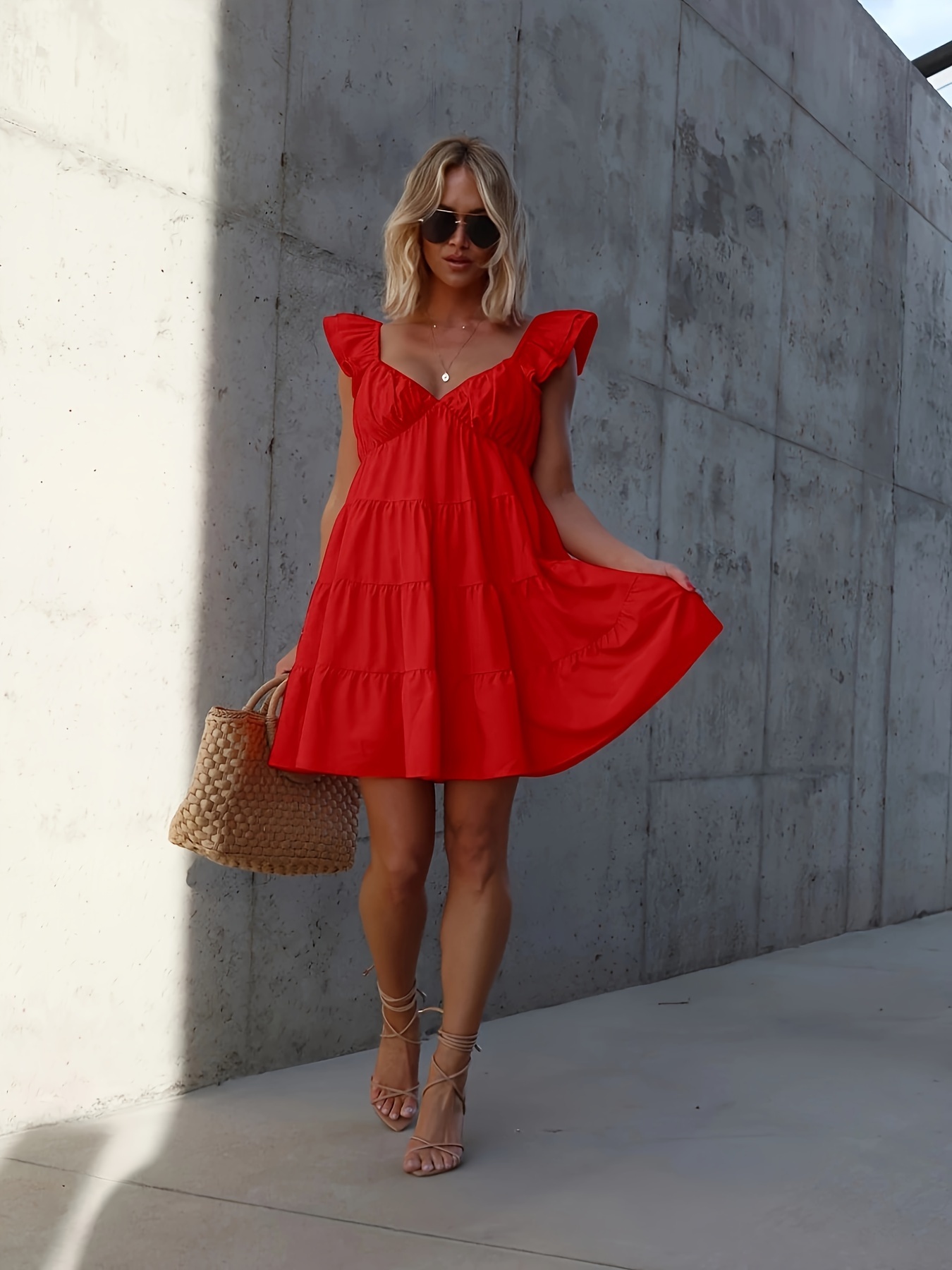 ruffle hem flutter sleeve dress, elegant solid color mini dress, women's clothing red 0