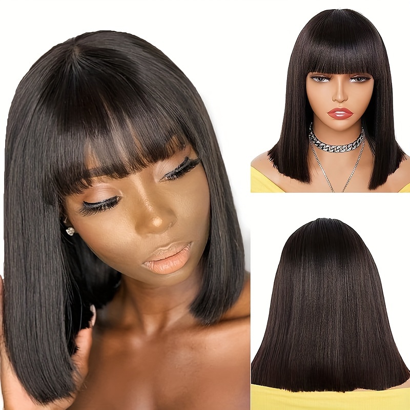 180% Density Straight Lace Human Hair Bob Wig Bangs Natural - Temu