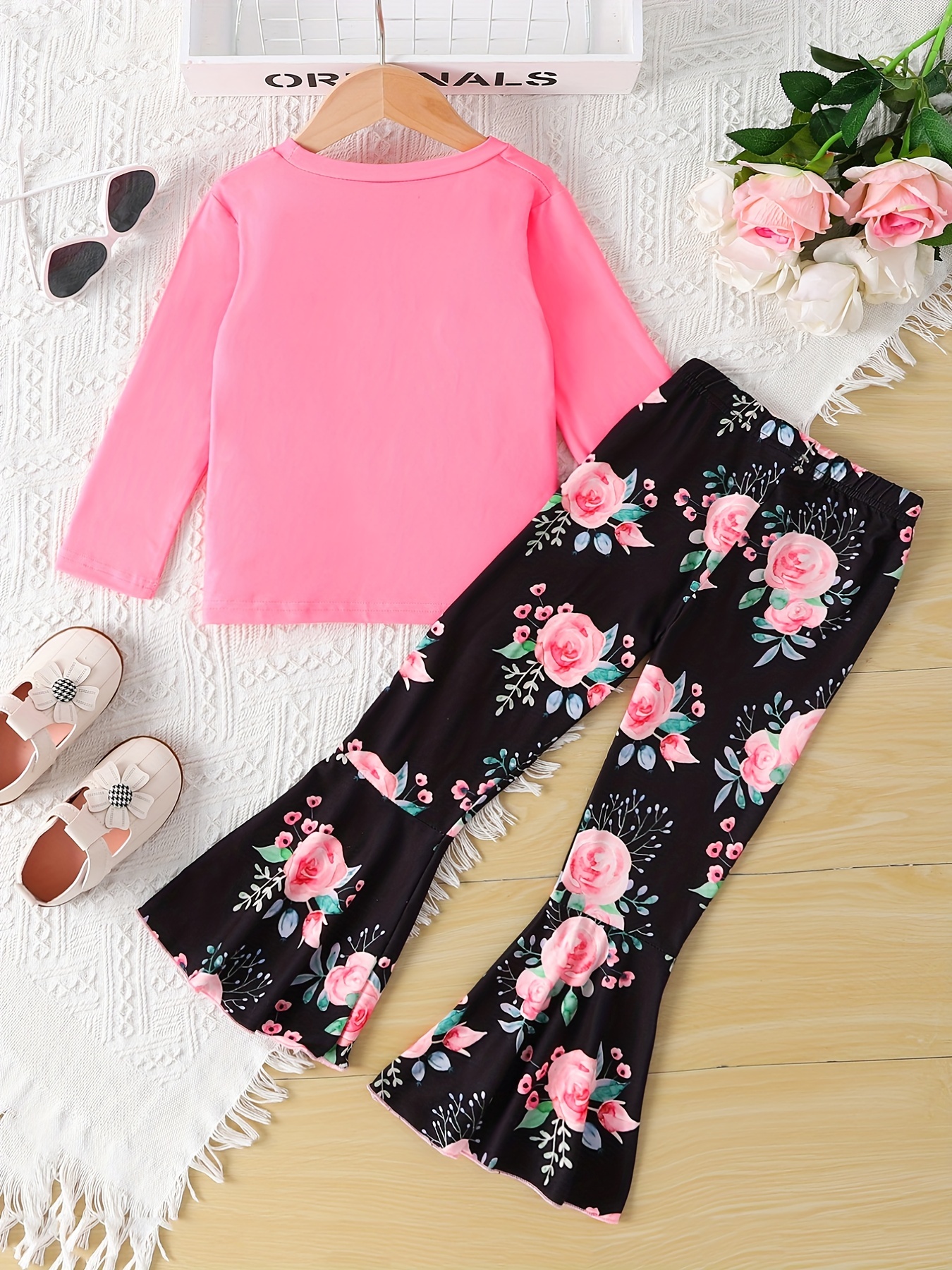 Girl's Rose Pattern Outfit Love Print Long Sleeve Top Flared - Temu