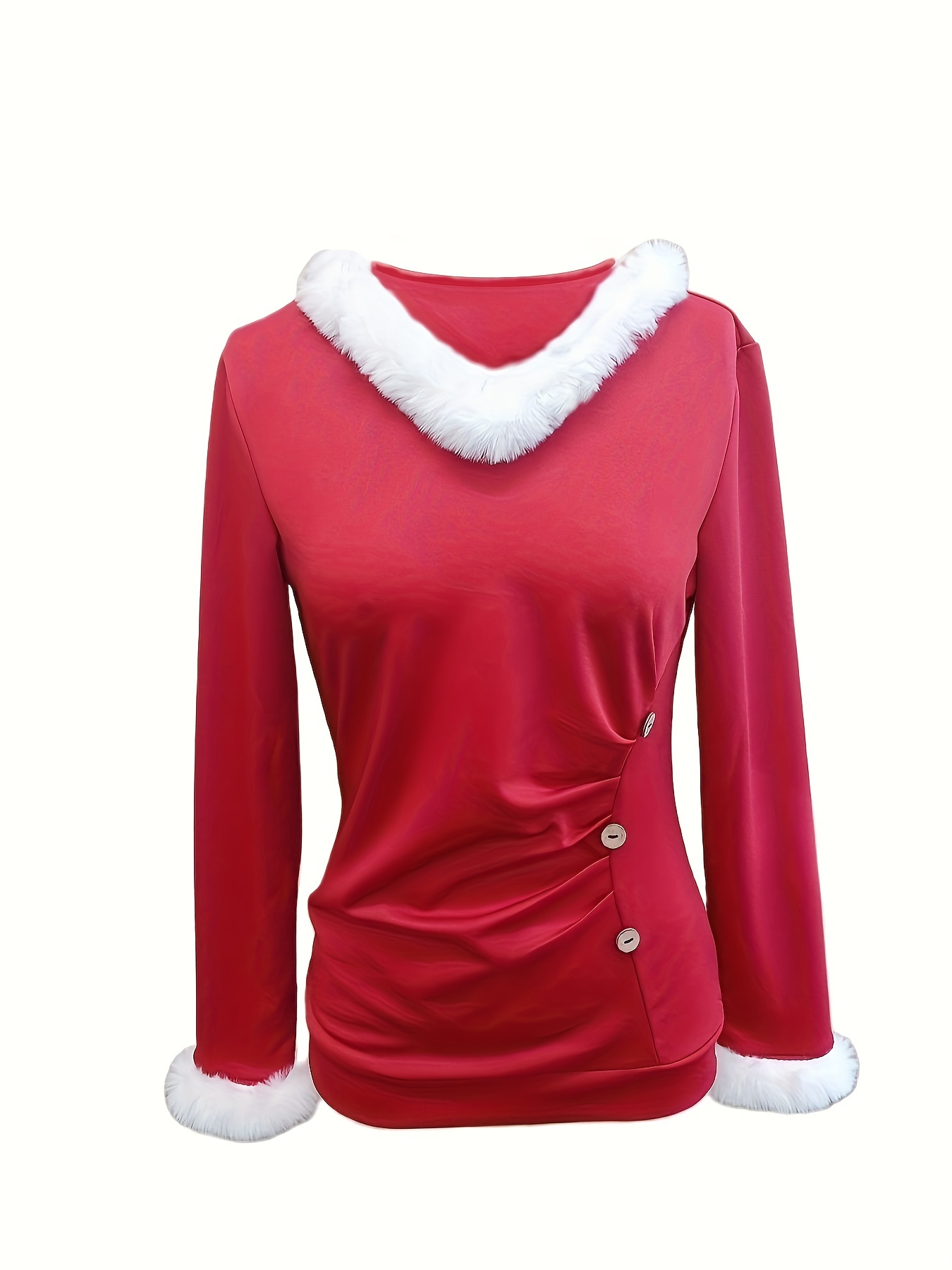 Faux Fur Decor V neck T shirt Cute Long Sleeve Top Fall Temu