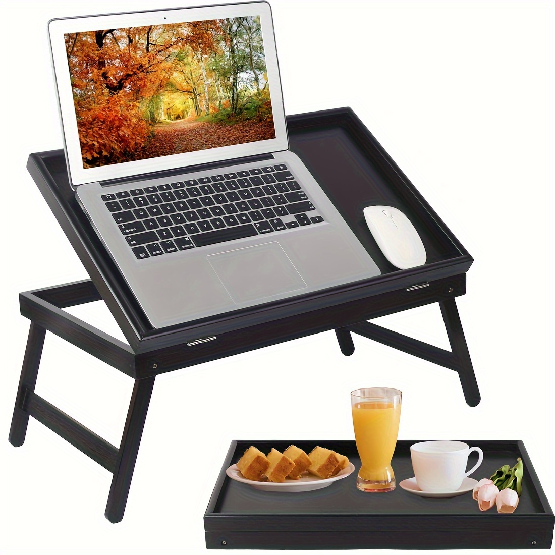 Bandeja de cama, mesa de cama de bambú para laptop con patas y asas  plegables, mesa de cama para servir el desayuno, natural