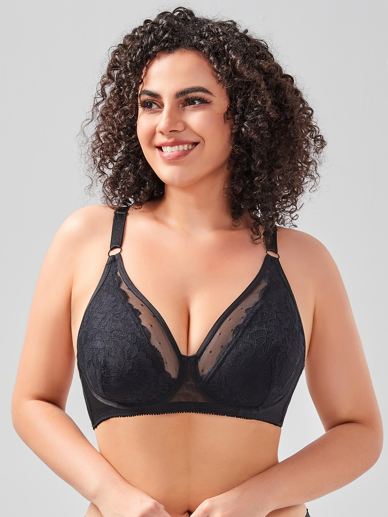 Plus Size Floral Embroidered Contrast Mesh Semi Sheer Bra - Temu