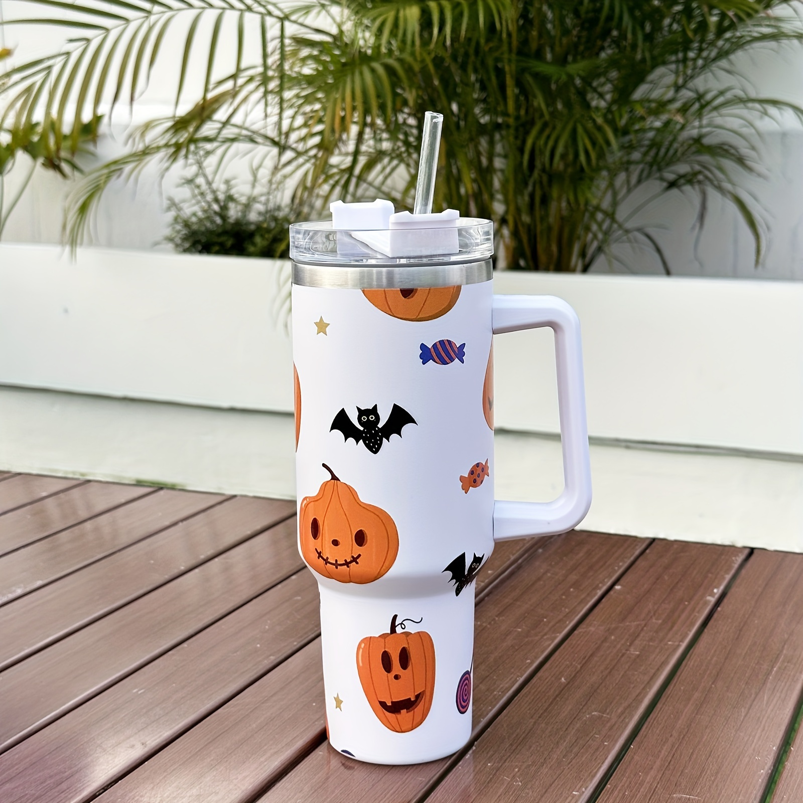 Halloween Pumpkin Double Wall Insulated Tumbler with Bamboo Lid & Plastic  Straw, Way to Celebrate 