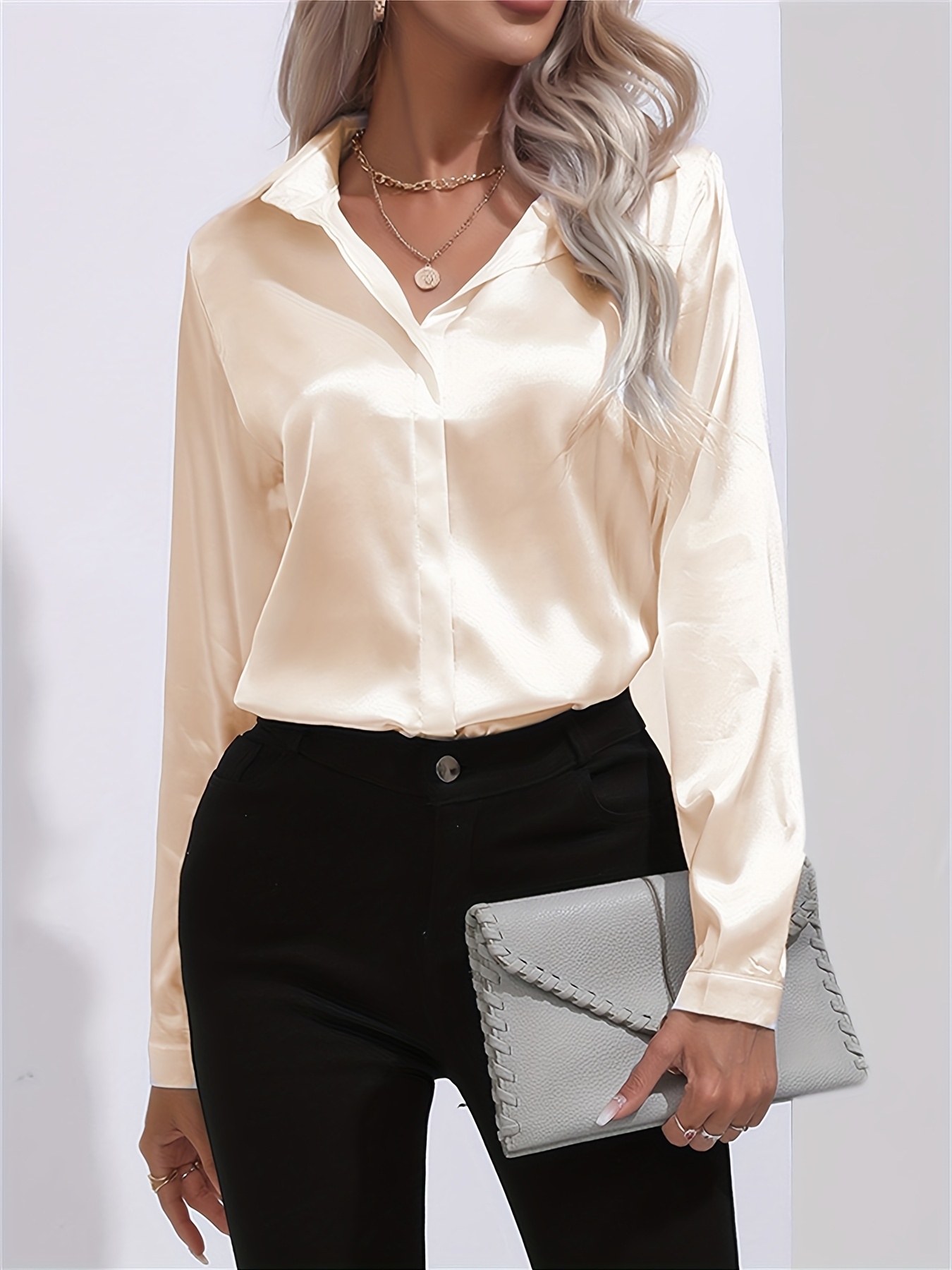 Solid Collar Neck Satin Womens Casual Shirt With Black Corset Belt