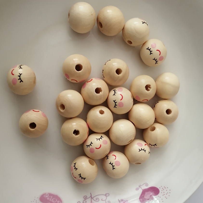 

30/20/10pcs Round Wooden Face Pattern Beads With Hole, Diy Jewelry Making