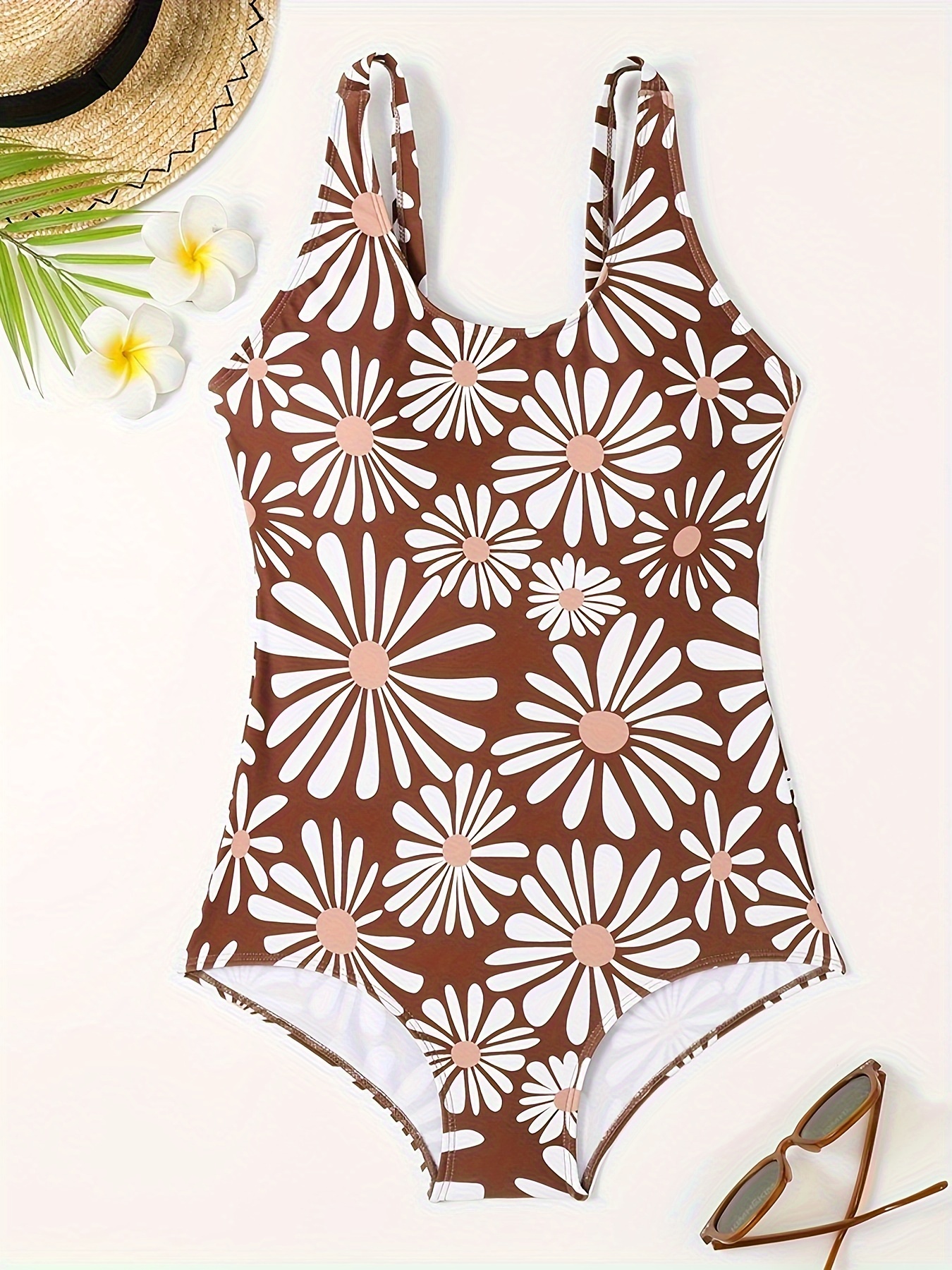 Backless Chocolate Brown Floral Print Swimsuit - Temu