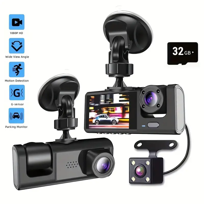 3-Kanal-Dashcam Vorne Und Hinten Innen, 1080P Dashcam IR-Nachtsicht,  Loop-Aufnahme-Auto-DVR-Kamera 3 Objektive Mit 2-Zoll-IPS-Bildschirm 3  Kameras