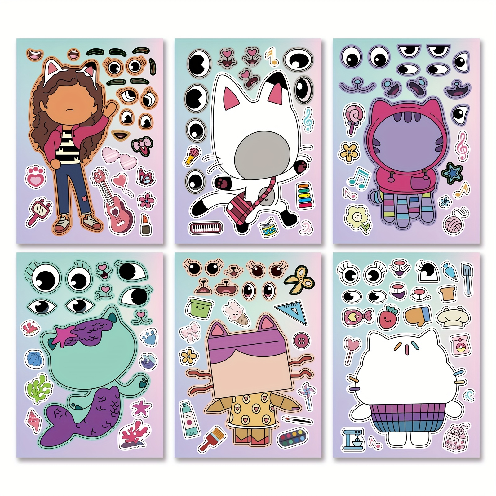 

6 Sheets Cute Kitten Puzzle Stickers, Cartoon Interactive Educational Puzzle Magazine Diy Face-changing Stickers