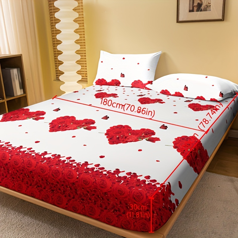 E-shop Weiches Gebürstetes Spannbetttuch mit Romantischem Rosen- & Herzdruck - Tiefes Taschendesign, Maschinenwaschbar - für Schlafzimmer und