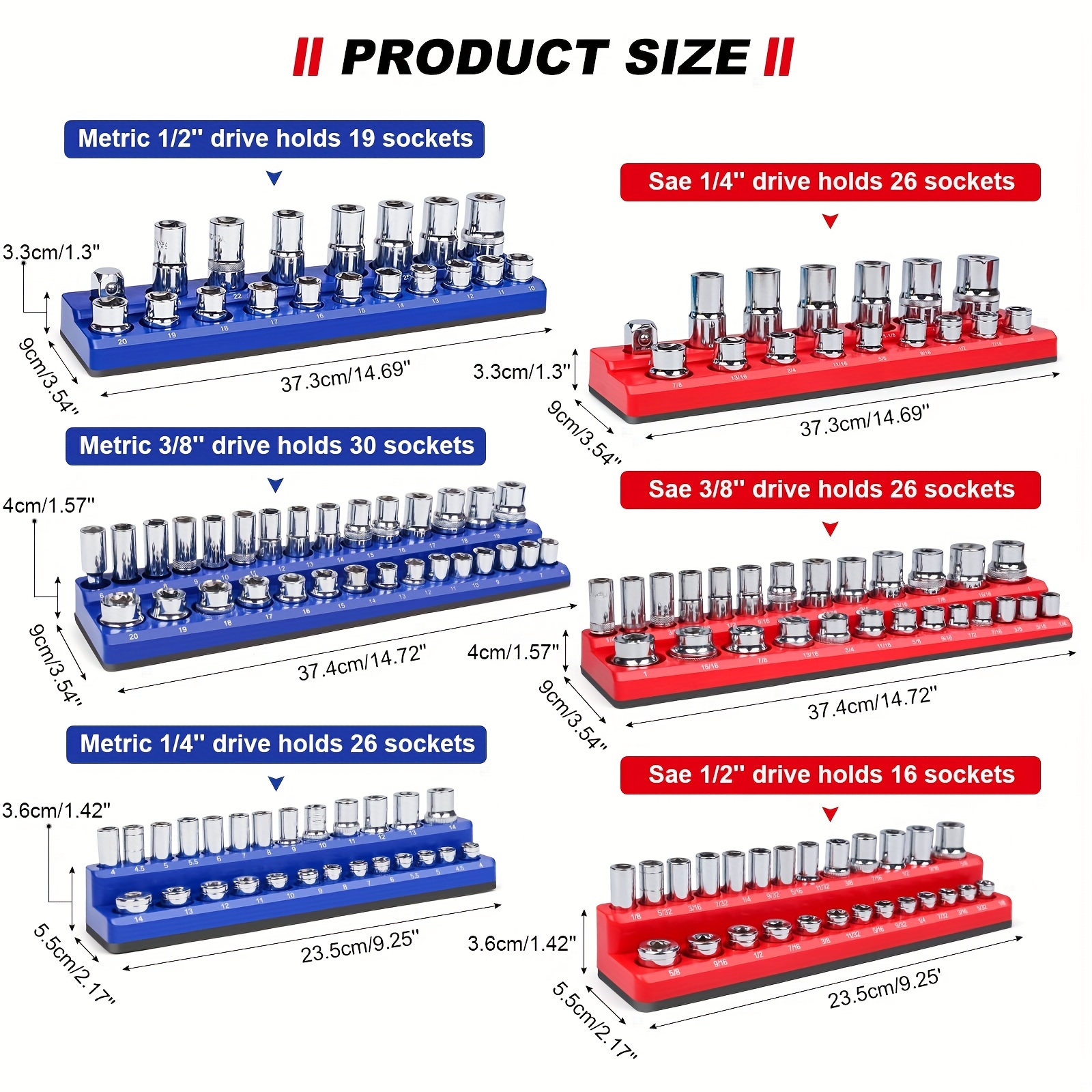 Taj Tools 1 By 2 Drive Metric Magnetic Socket Holder Tool Organizer Tray -  Blue, Holds 18 Sockets And 1 Socket Adaptor