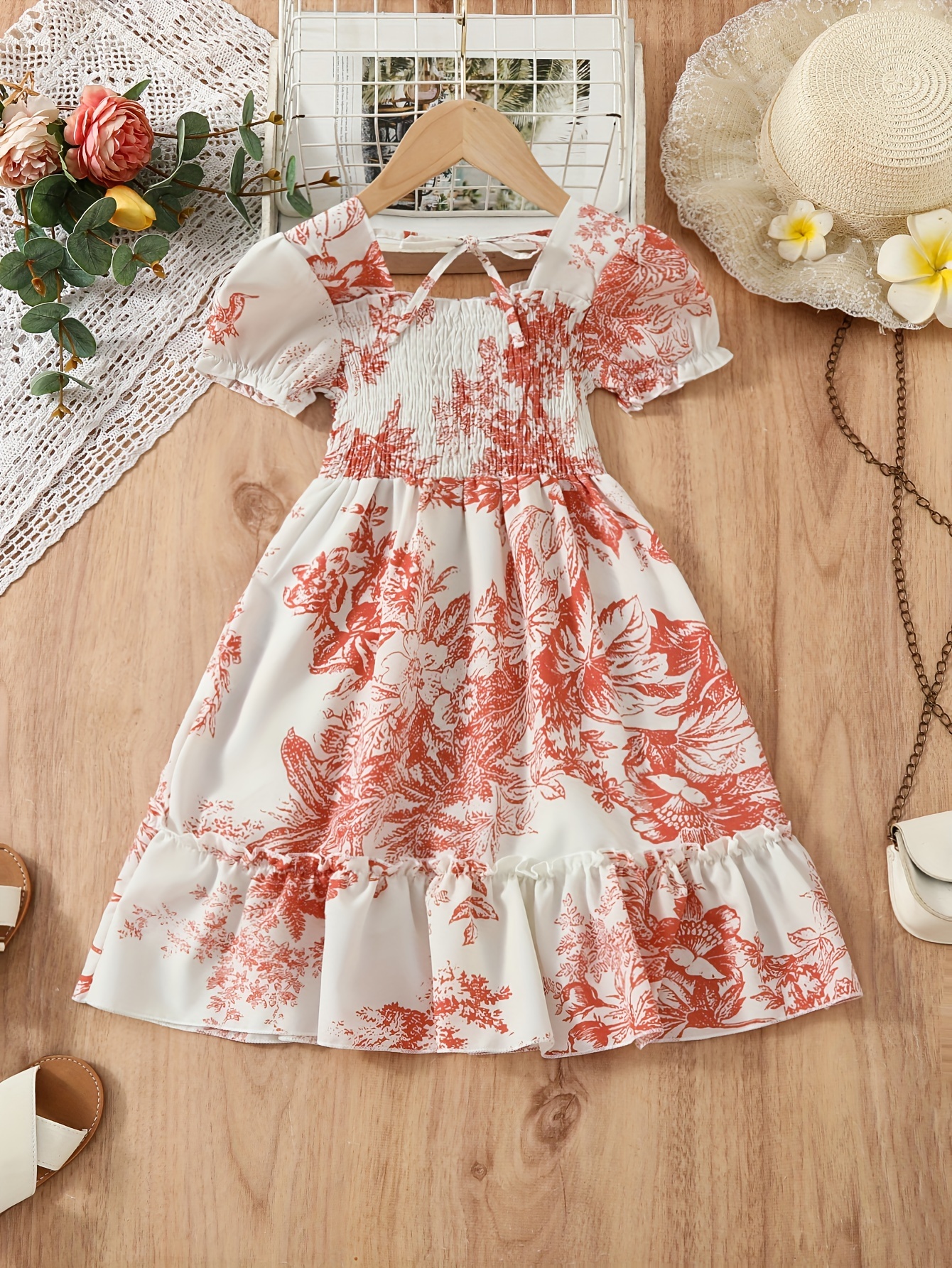 Girls Vintage Lace Back Floral Print Short Sleeve Casual - Temu