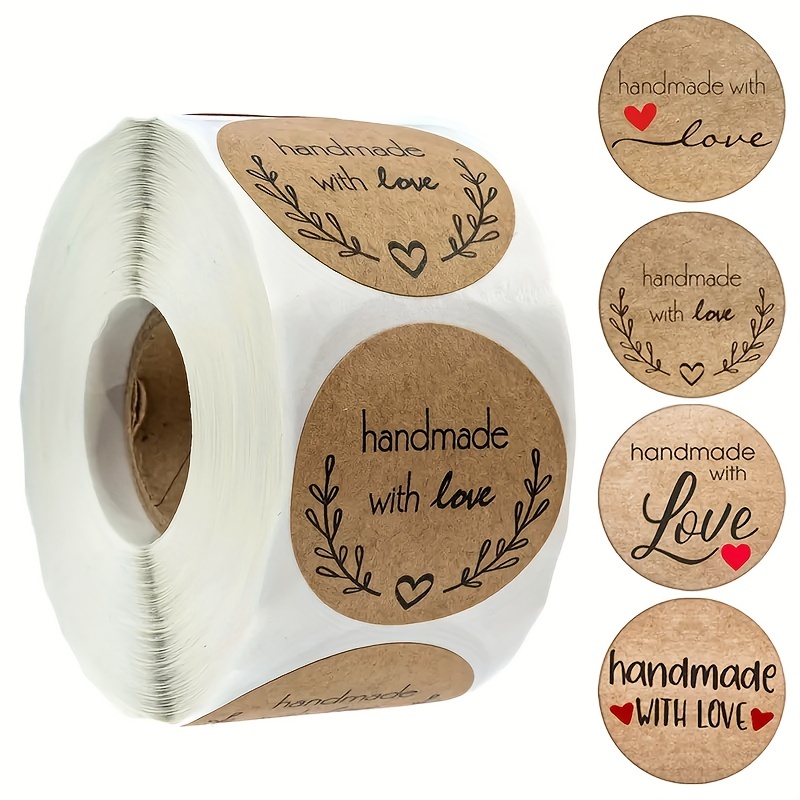 

1roll, 500pcs Handmade With Love Stickers, 1 Inch Brown Kraft Label Stickers For Canning Bottles, Storage Bins, Food, Jars, Gift Tags, Self-adhesive Label Decor Heart Shape Stickers For Homemade Gifts