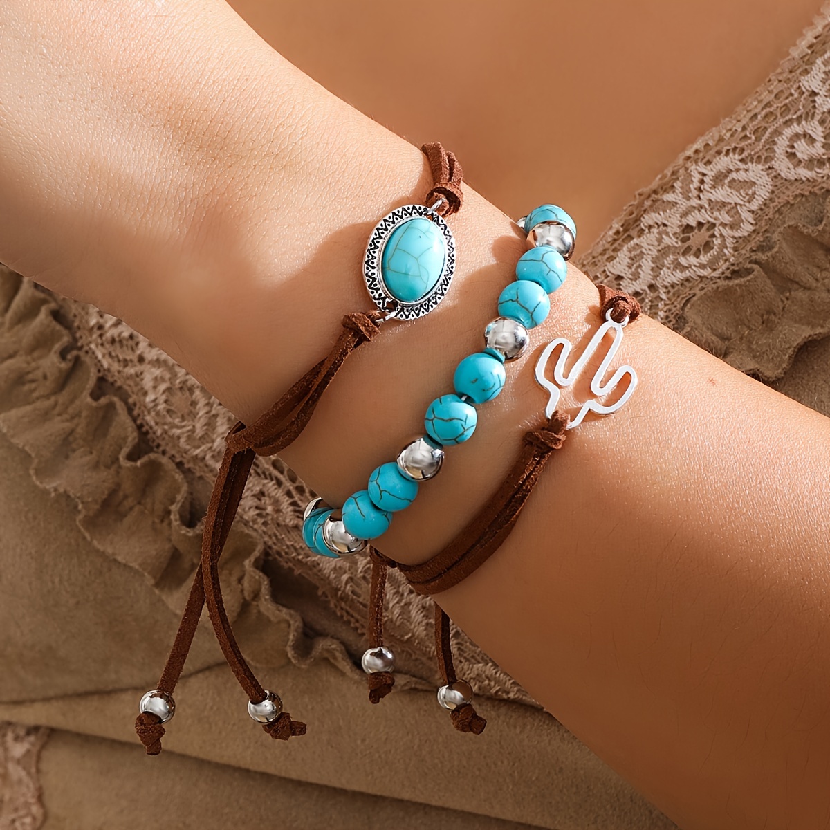 

3pcs Vintage Western Style Pu Leather Bracelet Set With Turquoise Beads Stackable Hand Jewelry