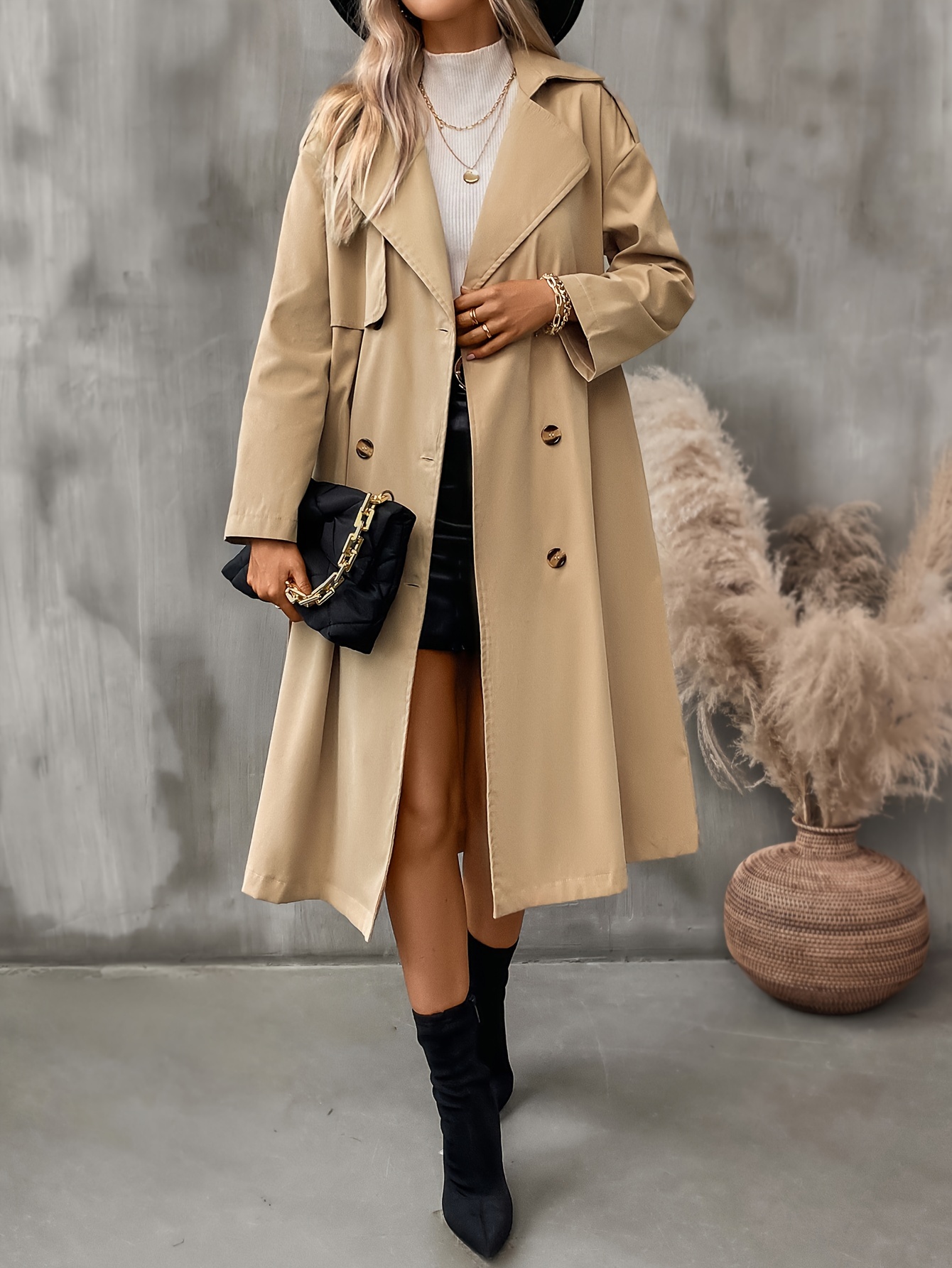 Double Breasted Trench Coat Casual Solid Long Sleeve Overcoat