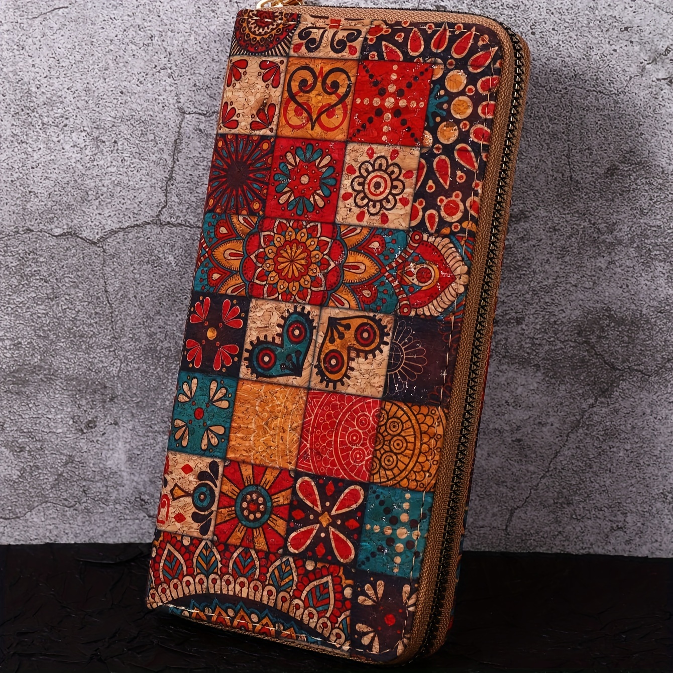 

Vintage Pattern Stitching Long Clutch Bag, Bohemian Style Zipper Around Coin Purse For Women