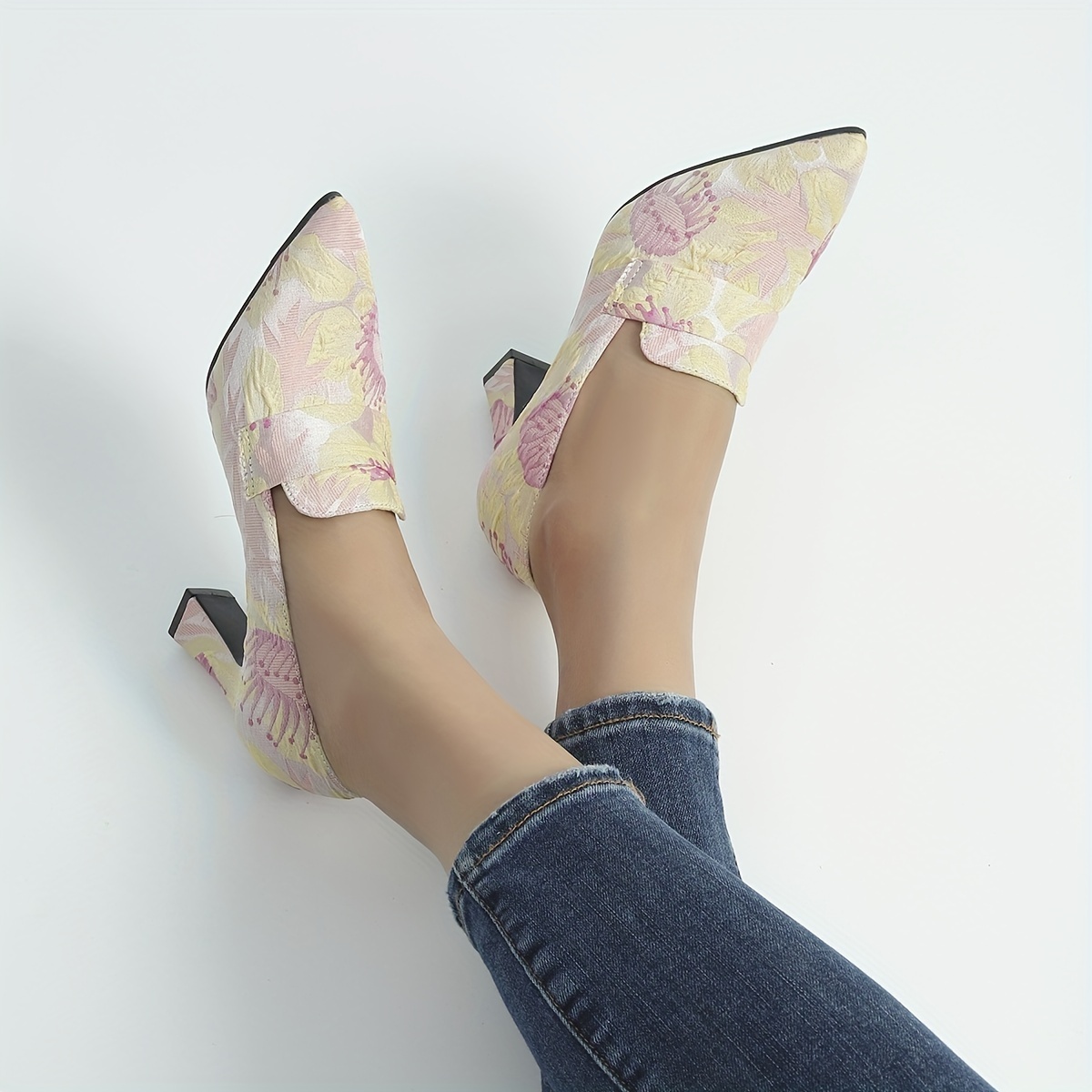 Women's Floral Embossed High Heels Pointed Toe Slip On Soft Sole Chunky Heels