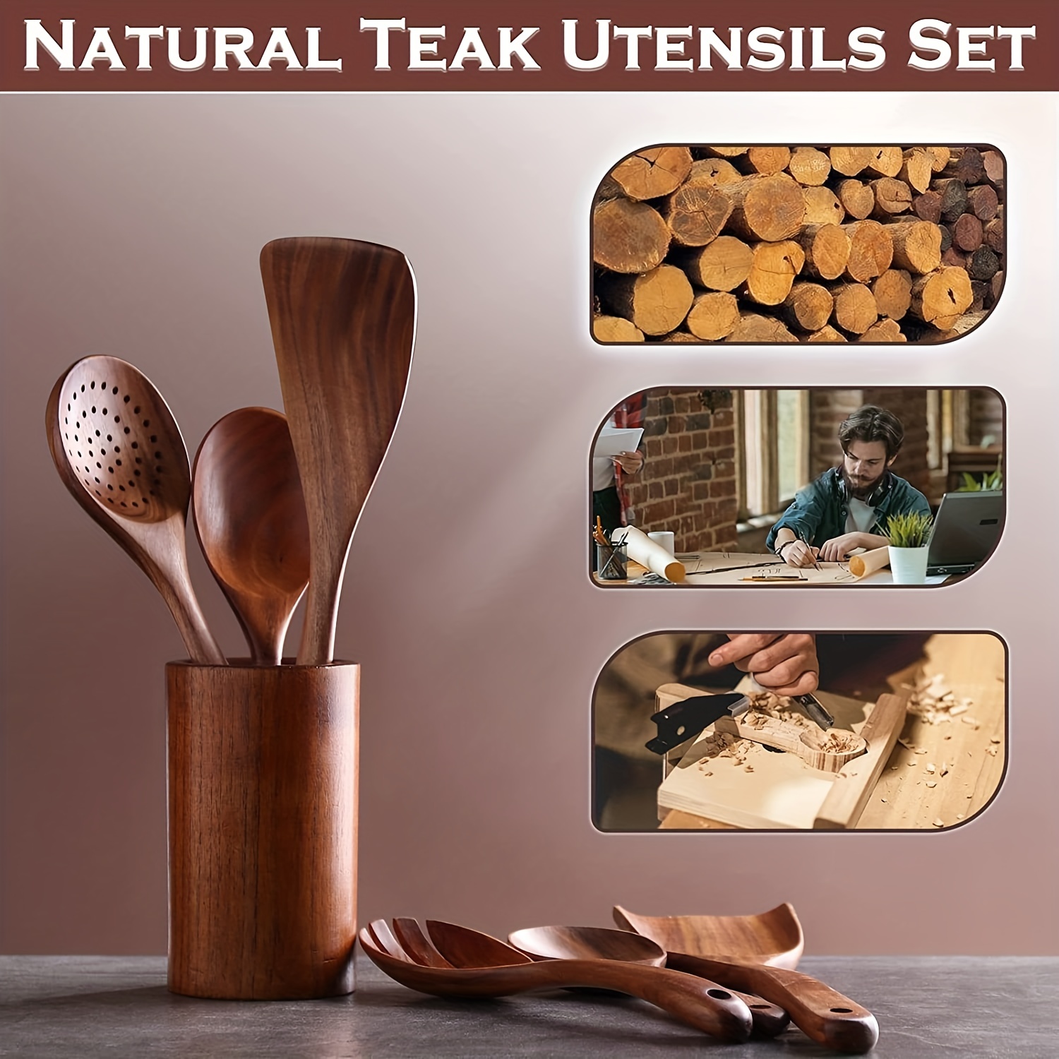 Wooden Cooking Utensils Set - 6 Pcs Natural Teak Wood Spoons And Spatulas -  Nonstick Large Big Kitchen Tools 