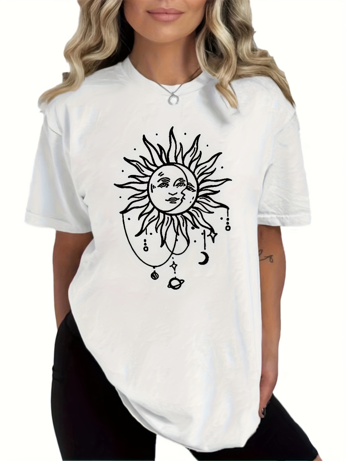 Oversized Sun Moon Print T shirt Casual Drop Shoulder Crew - Temu