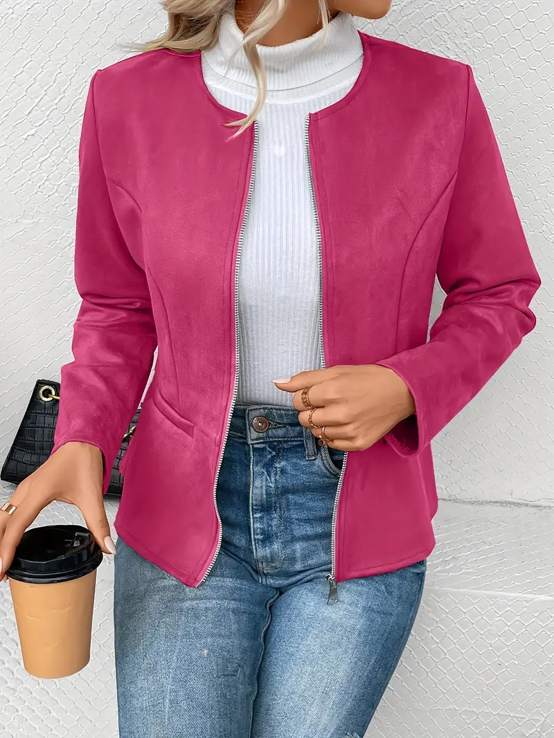 plus size elegant jacket womens plus solid long sleeve zip up round neck jacket details 45