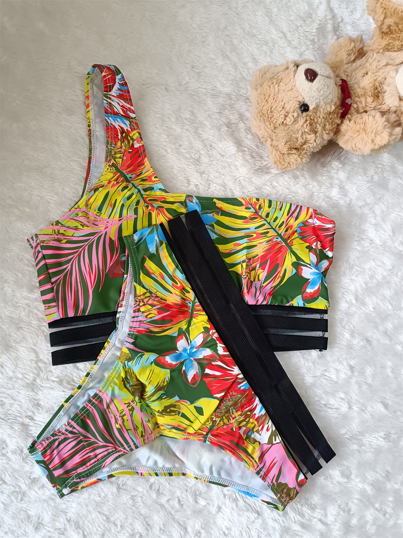 Tropical Print One Shoulder Bikini Sets Asymmetrical Neck - Temu Australia