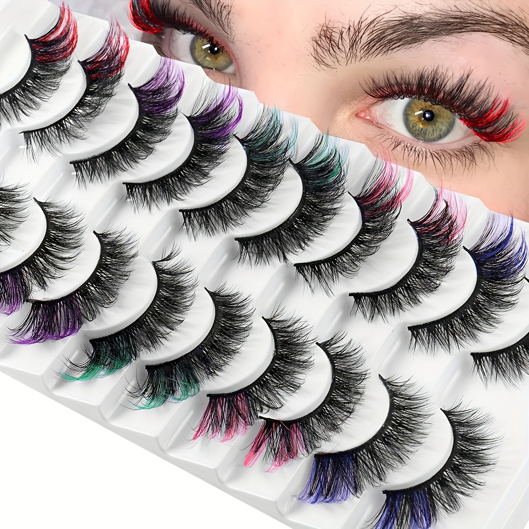 

10 Pair Colored False Eyelashes Set, Natural Look, Dense 6d , Soft Comfortable Faux Mink, Reusable Fake Lashes Pack For Music Festival