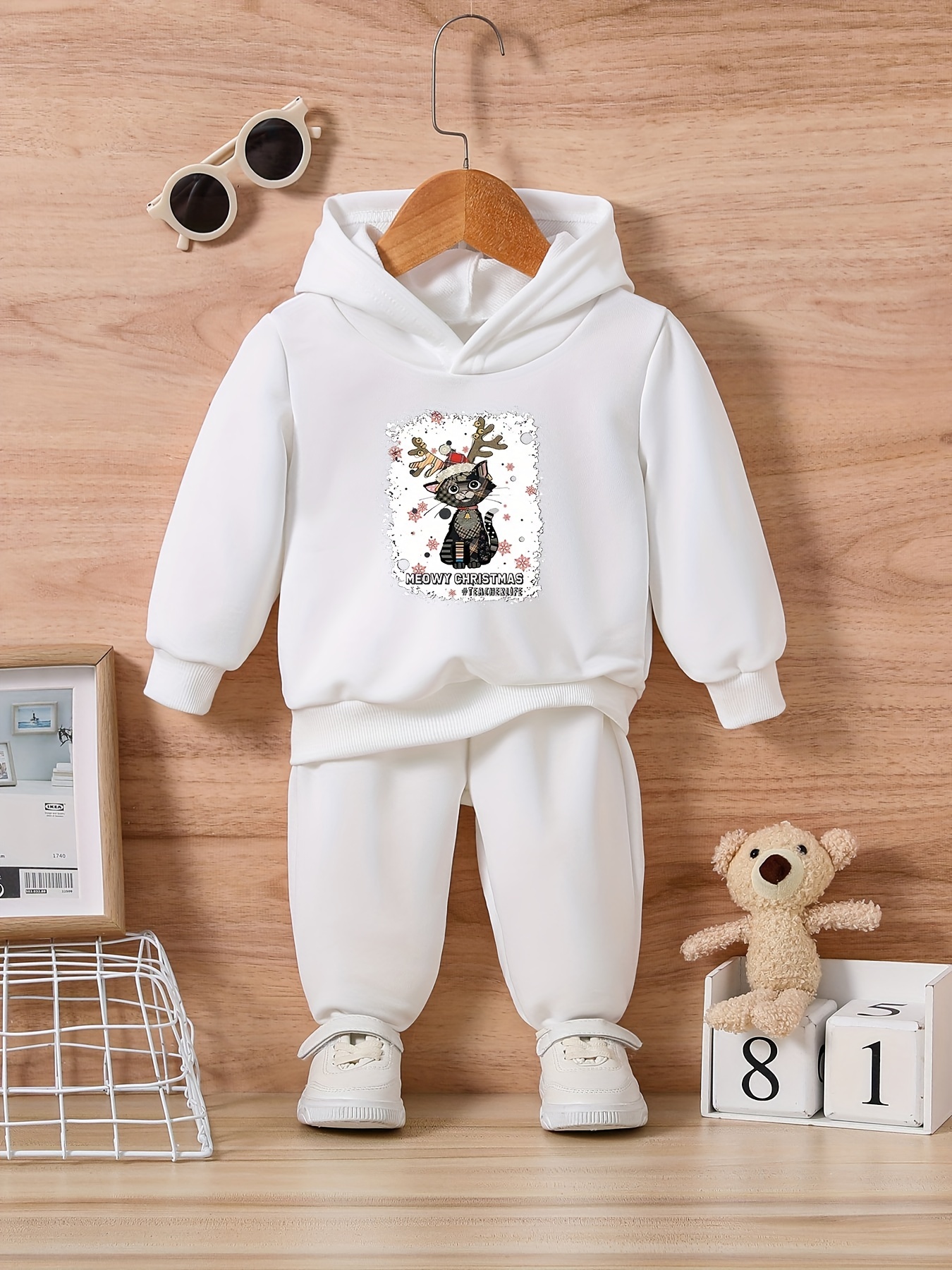 2-Piece Little Girls Cute Cartoon Cat Print Hoodie Set Spring