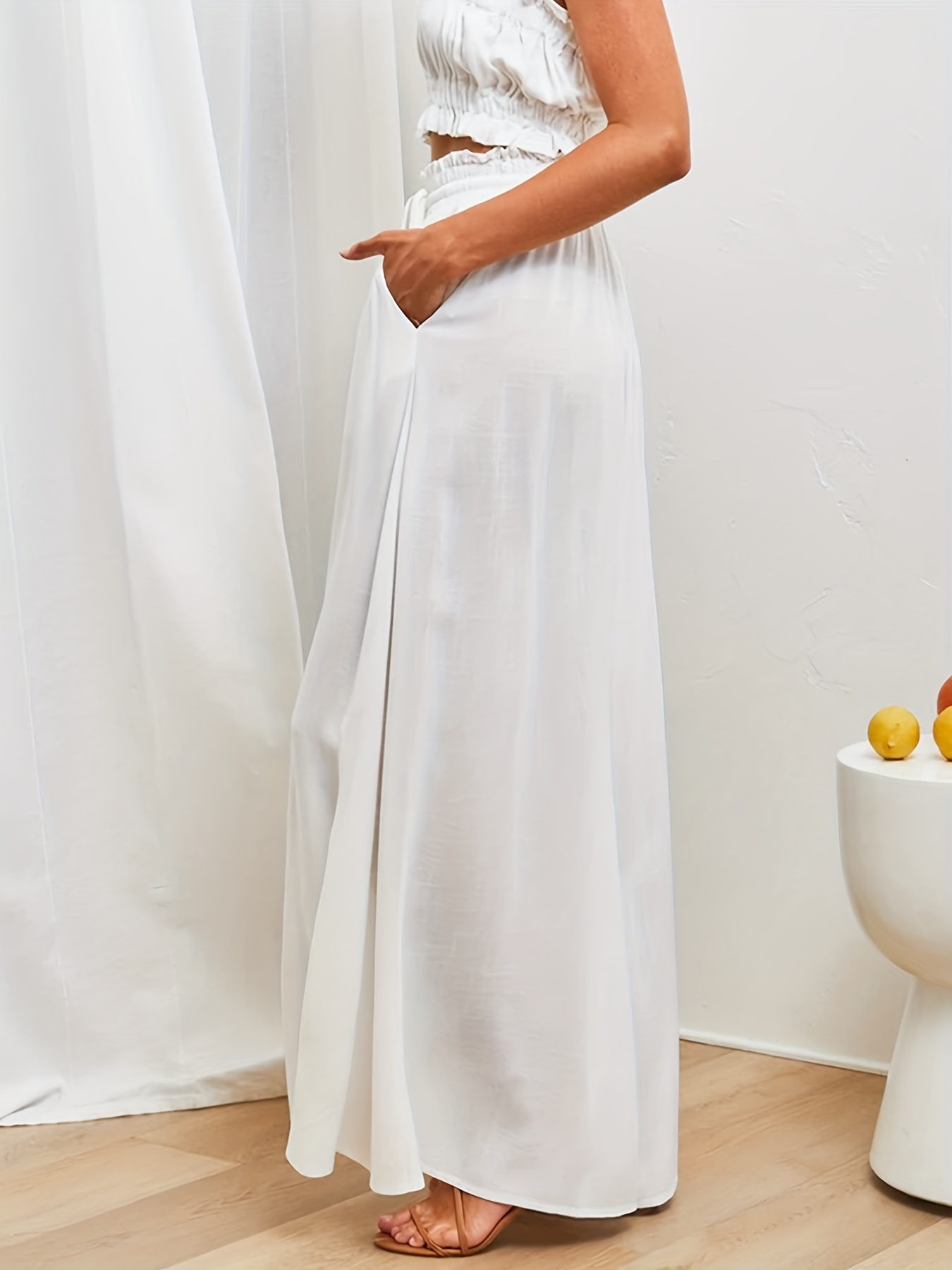 XIBAOBAO Women Satin Wide Leg Dress Pants White Silk Casual Dressy
