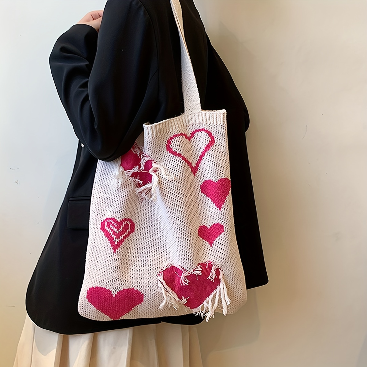 Heart Knitting Women's Bag 2023 Trend Knit Eco Bag Korean Shopping Y2K  Crochet Rope Shoulder Bag Female Knitted Handbag Tote Bag