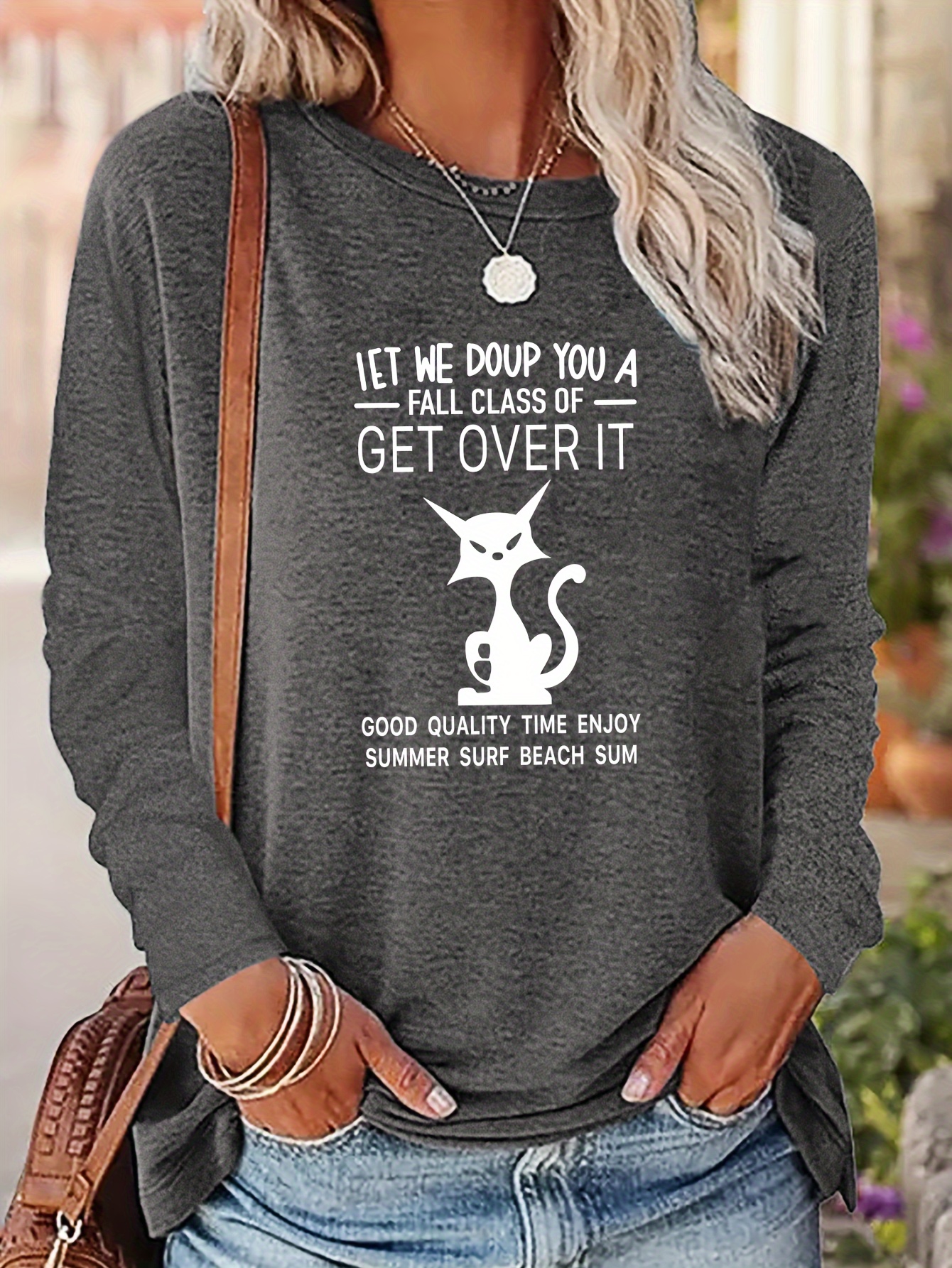 Cat Print Crew Neck T-shirt, Casual Long Sleeve Top For Spring