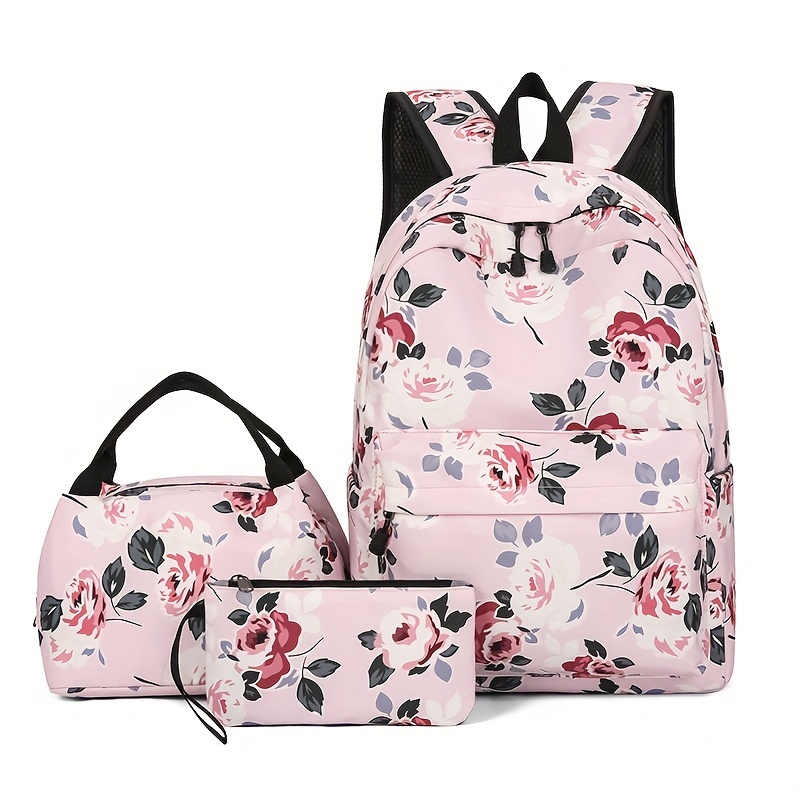 

3pcs New Peony Flower Backpack Set, High Capacity Women's Bag, Ethnic Style Handheld Insulation Bag