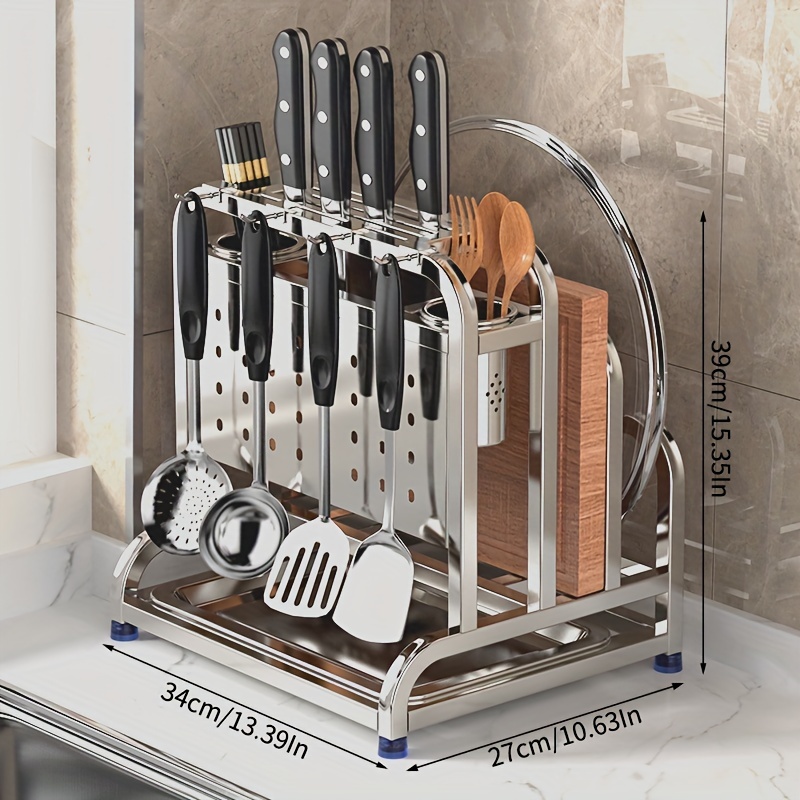 eModernDecor Black Stainless Steel Utensil and Cutlery Rack Kitchen Organizer Drip Tray Knife Storage Block with Cutting-Board Holder