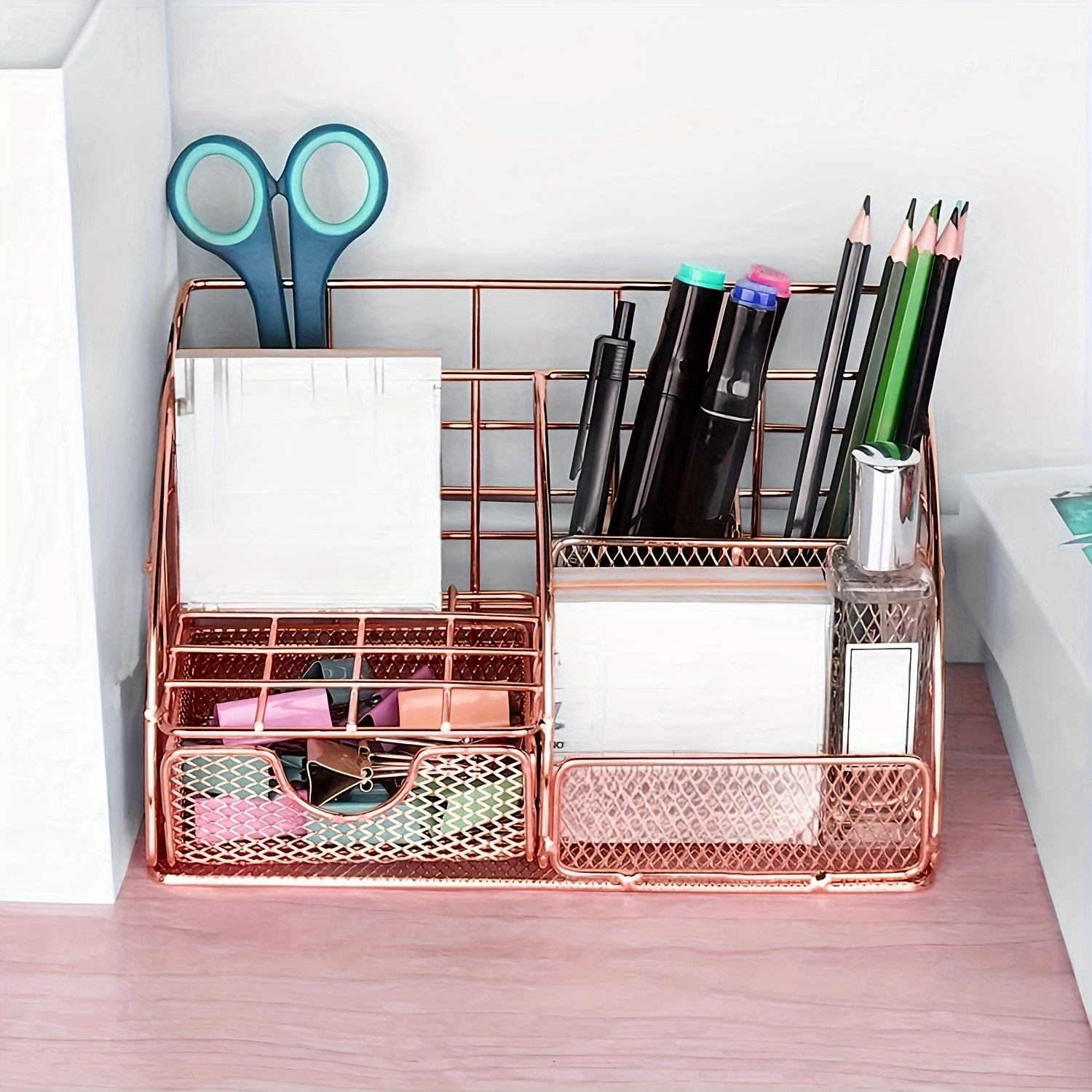 Rose Gold Storage Basket, Desktop Stationery And Sundries Organizer,  Cosmetic Organizer For Women, Mesh Office Supplies Desk Accessories, With 5  Compartments + 1 Mini Sliding Drawer, Home Organization, Back To School  Supplies