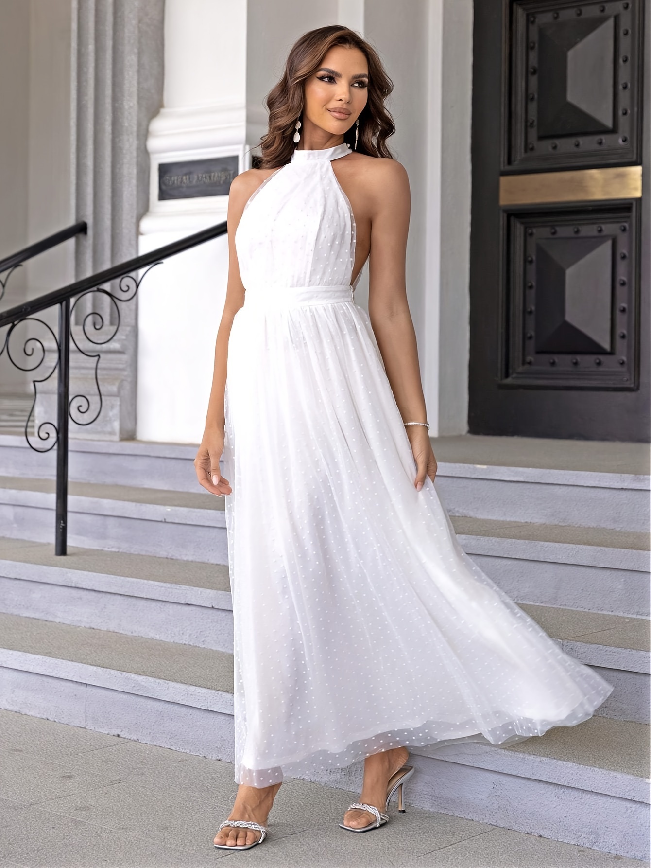 High neck outlet halter bridesmaid dress