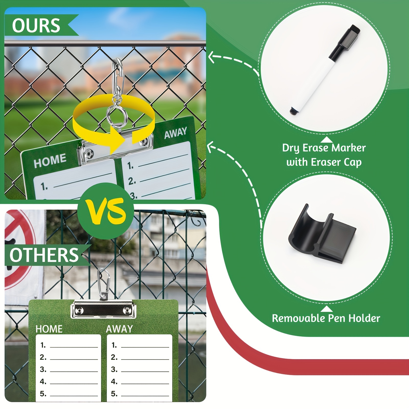 owlkela 1pc baseball coaches clipboard with dry erase marker pen holder and metal chain ring carabiner