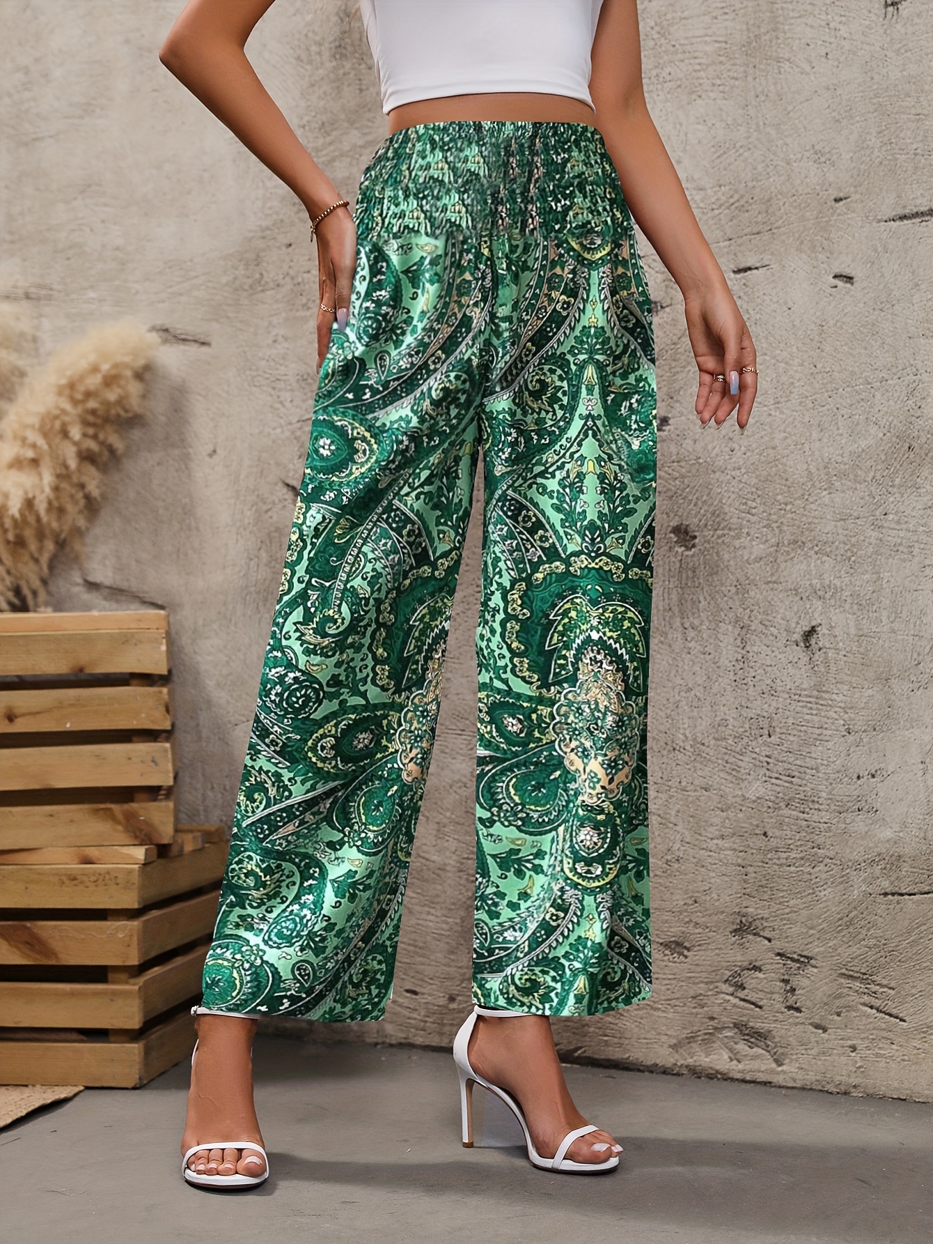 Pantalones Anchos Con Estampado Floral, Pantalones Casuales De Cintura  Alta, Ropa De Mujer