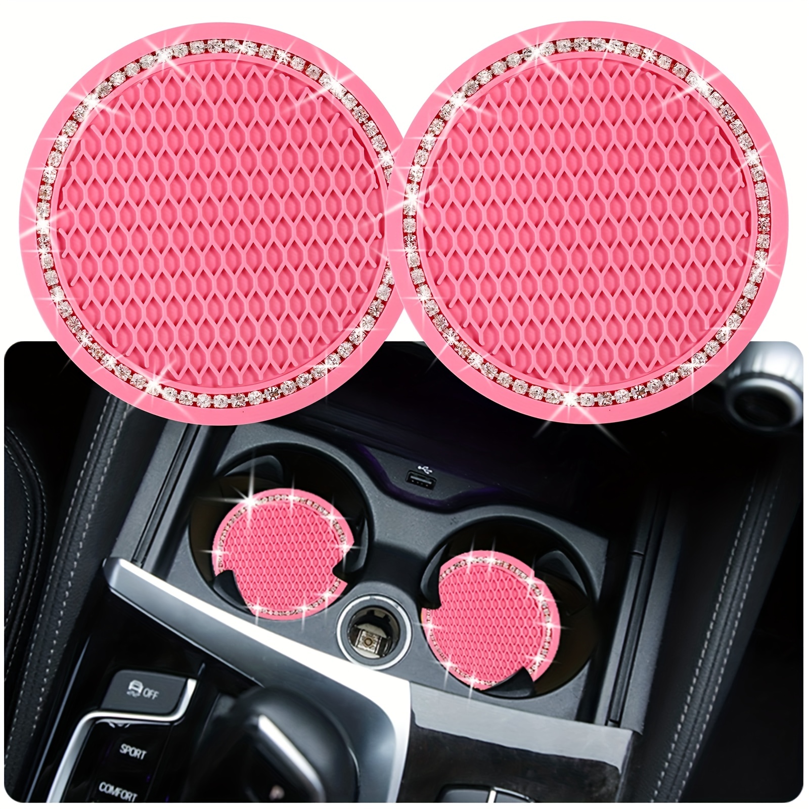 Car Coasters for Cup Holders, 2.75 Inch Auto Cup Holder Insert  Coasters Silicone Anti-Slip Crystal Rhinestone Cute Drink Car Cup Mat, 4PCS  Bling Car Accessories for Women & Lady (Black) 