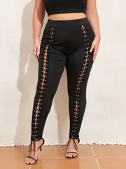 plus size sexy pants womens plus lace up front high waisted medium stretch skinny leggings details 0