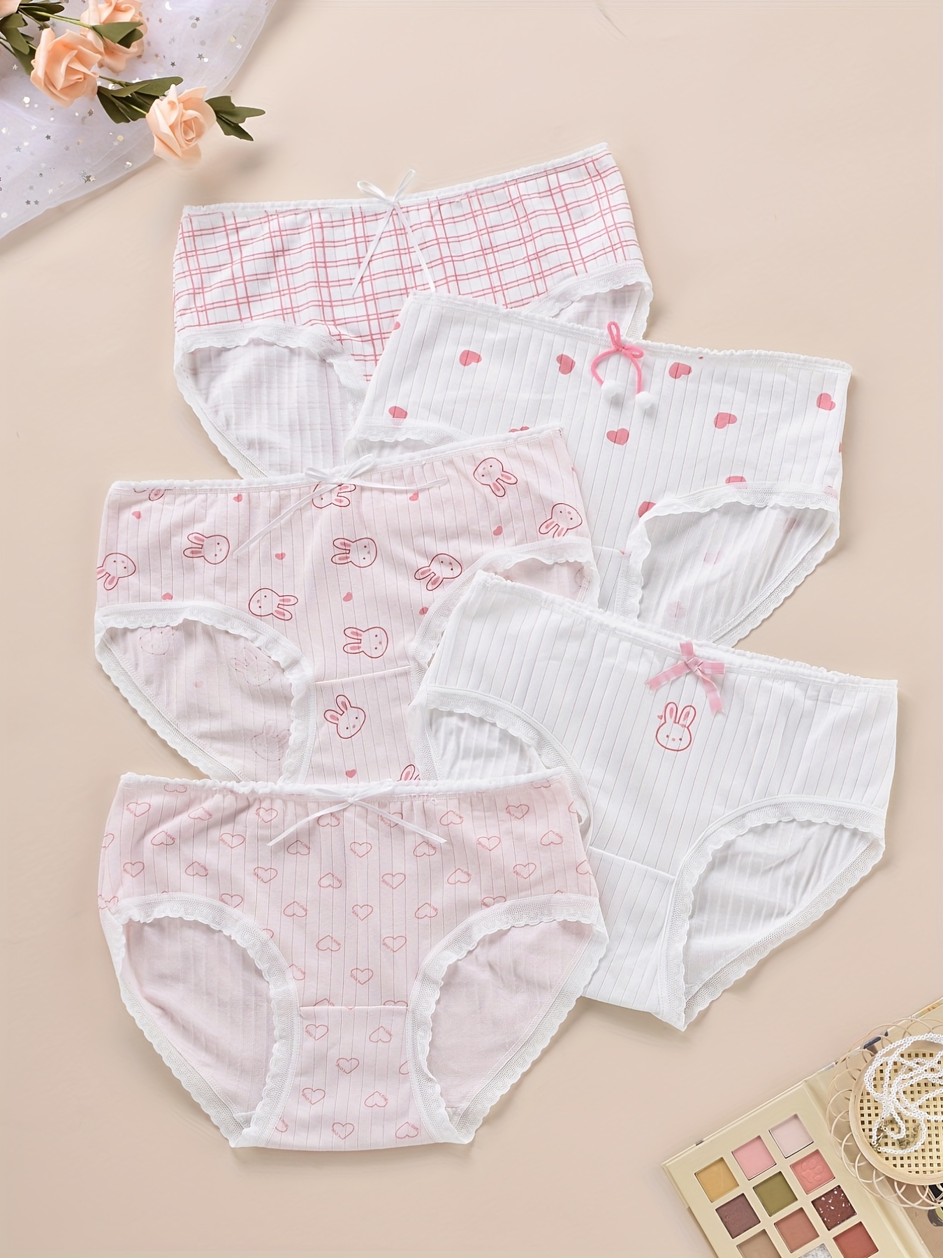 5pcs Cute Bunny Print Briefs, Comfy & Skin-friendly Lace Trim Mid Waist  Panties, Women's Lingerie & Underwear