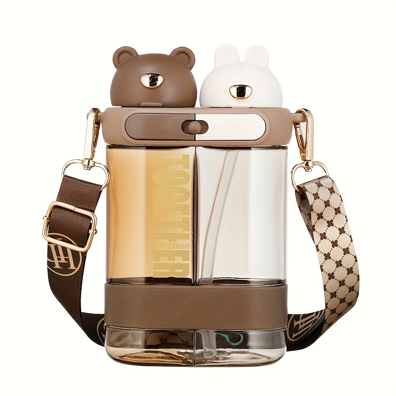 Double Drinking Cup with Straw Cute Bear Hug Outdoor Sport