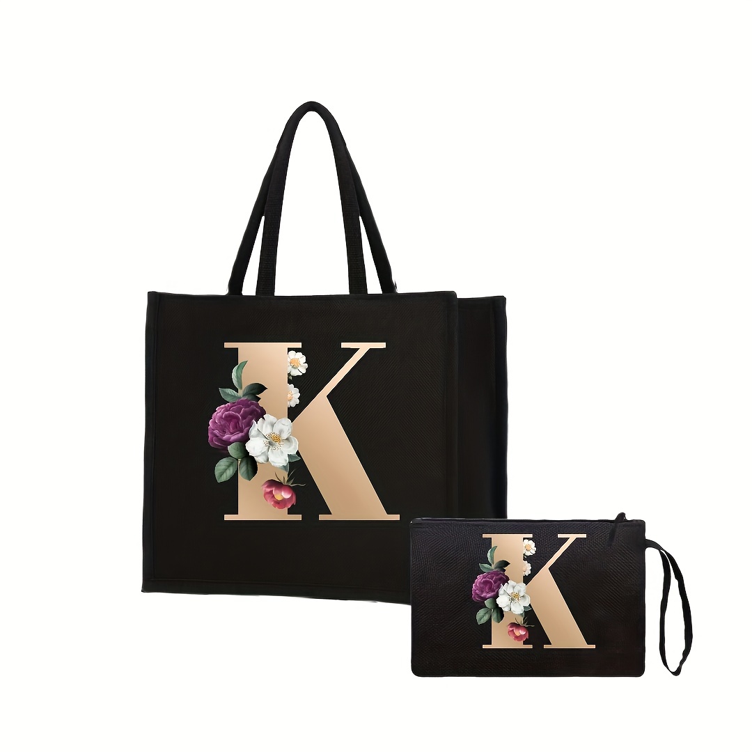 Letter & Flower Pattern Bag Set : Large Capacity Tote Bag, Handbag & Clutch Pouch, Trendy Shopping Bags, Gift Bags for Birthday Festival,Temu