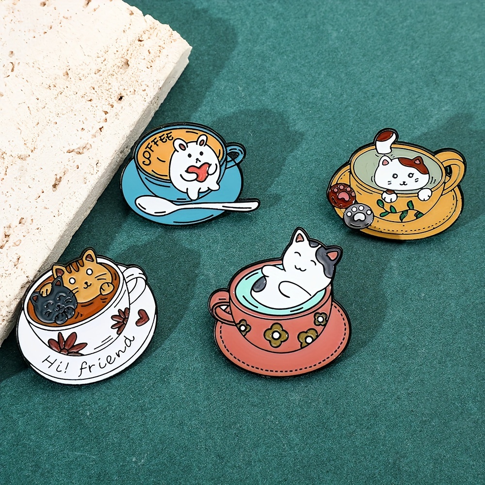 $ Cup Cat Enamel Pin Cats Coffee Brooch Bag Clothes Lapel Pin Kitten Cafe  Badge
