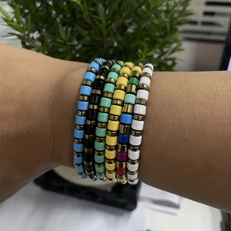 Boho Style Colorful Enamel Beads Bracelet Elastic String - Temu