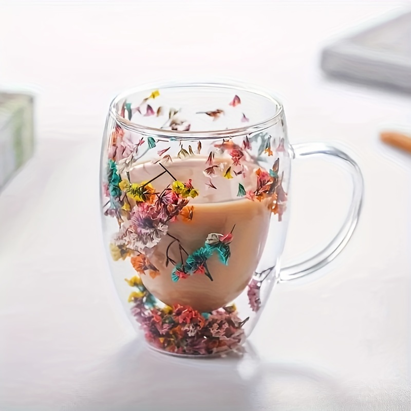 Double Wall Glass Coffee Mugs - Dried Flowers Insulated Glass