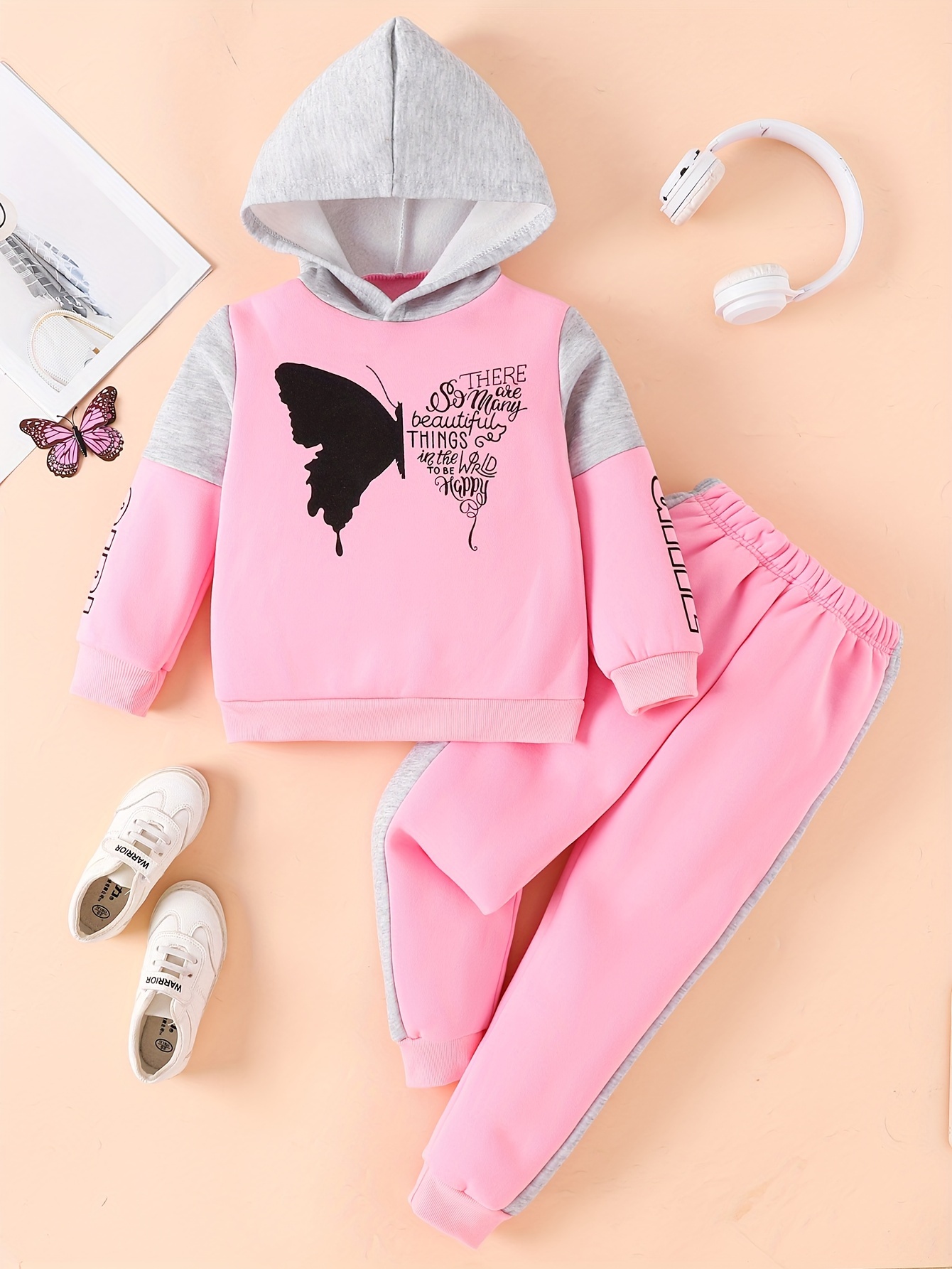 2-piece Kid Girl Animal Butterfly Embroidered Sequined Hoodie Sweatshirt and Textured Pants Set