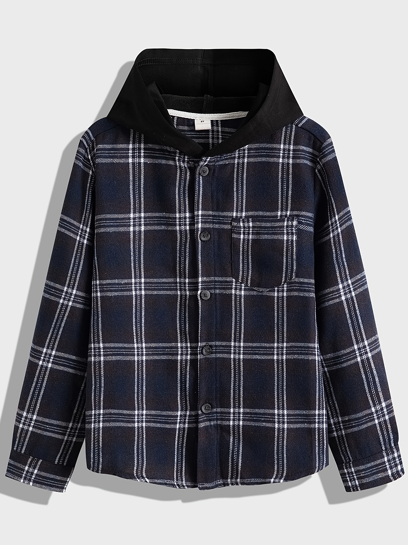 Boys Flannel Hooded Plaid Shirts Button Long Sleeve Tops