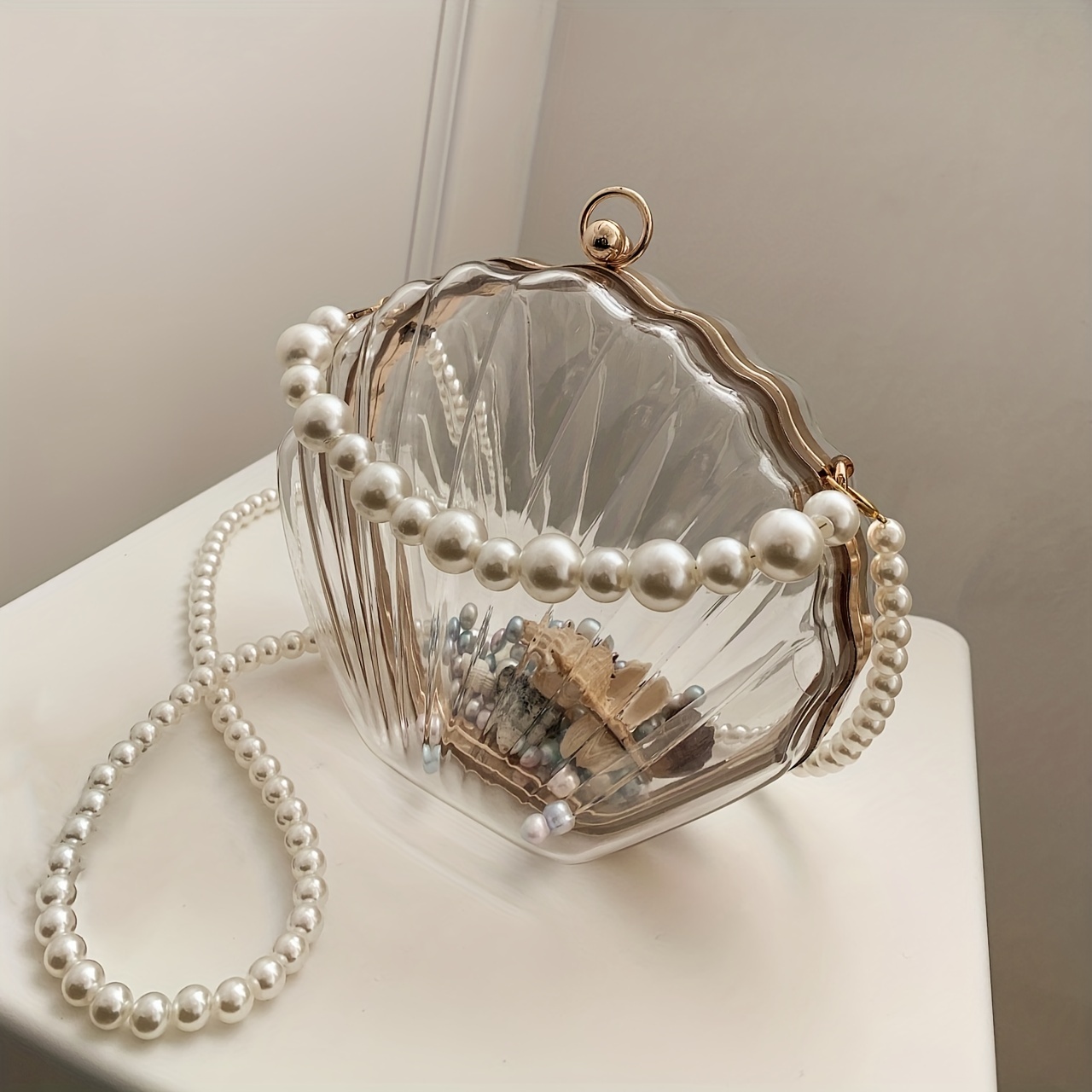 Pearl Embellished Top Handle Clear Satchel Crossbody Bag with Chain Strap