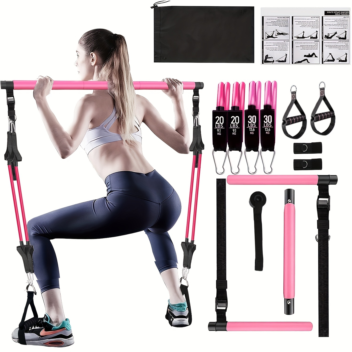 Adjustable Pilates Bar Kit: 4 Resistance Bands (30, 20 Lbs) And 3 Sections  Stackable Fitness Bar, Portable Multifunctional Fitness Equipment For Yoga