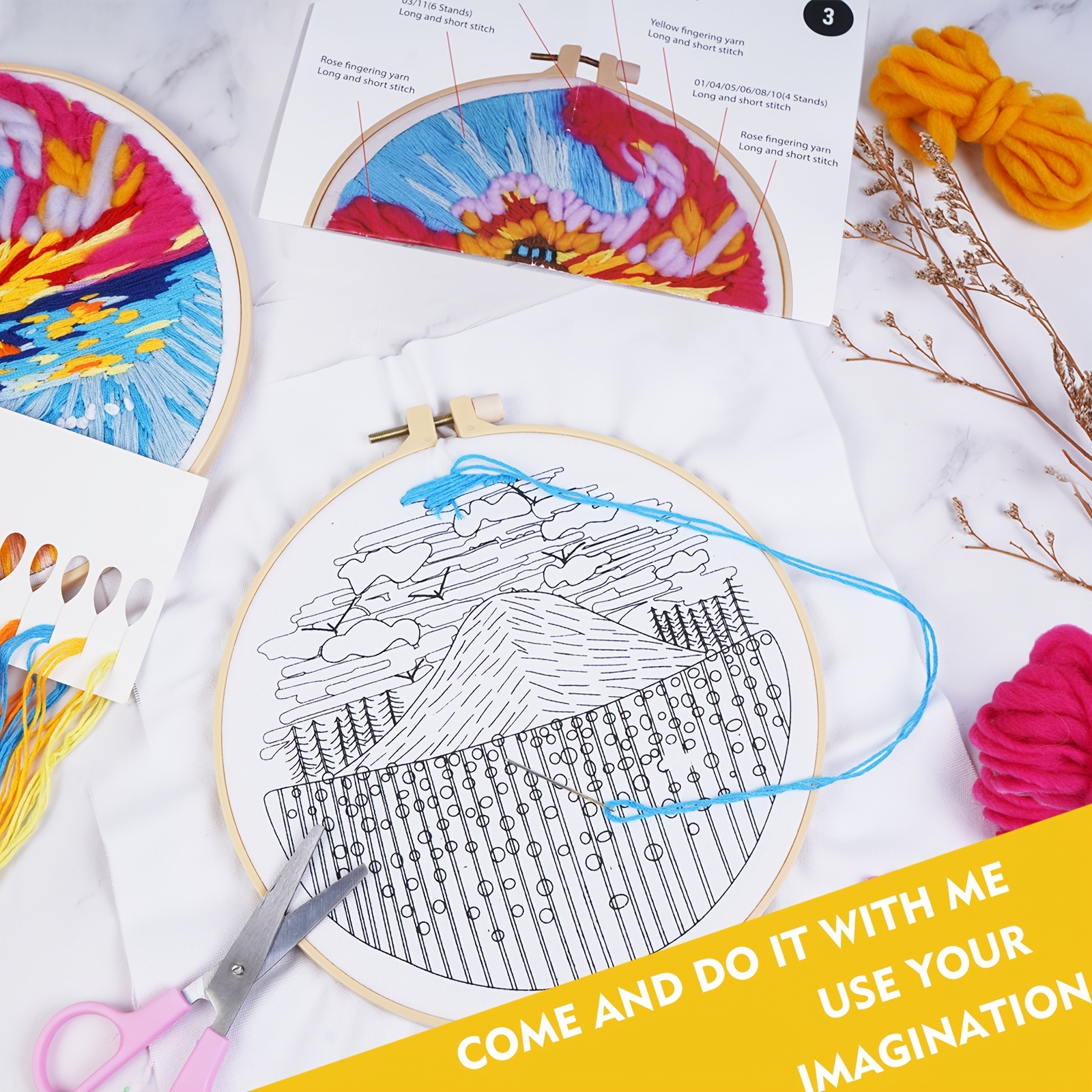 Hand Embroidery Starter with Pattern, Stitch Embroidery Cloth with Color Pattern, Embroidery Hoop, Threads, Tools (Floral