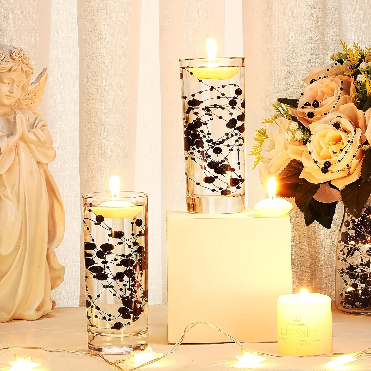 White Candle with Pearl Decor  Wedding centerpieces, Wedding decorations,  Pearl centerpiece